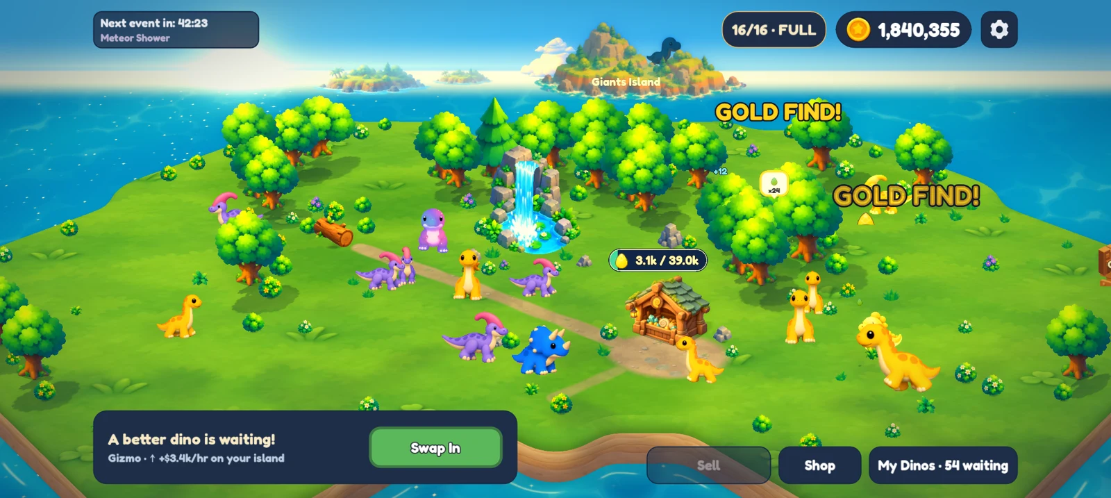 Actual Stompy Acres gameplay, with dinosaurs roaming a leafy green island