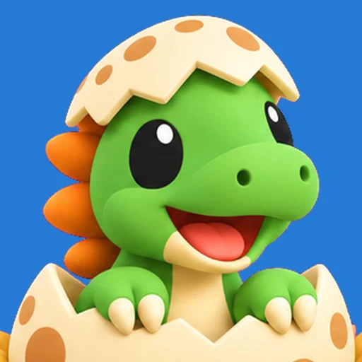 A smiling green baby dinosaur peeking out of a spotted egg